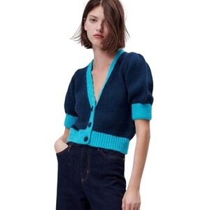 ZARA Knit Cardigan Short Sleeves Blue Teal Button Down Women Size L